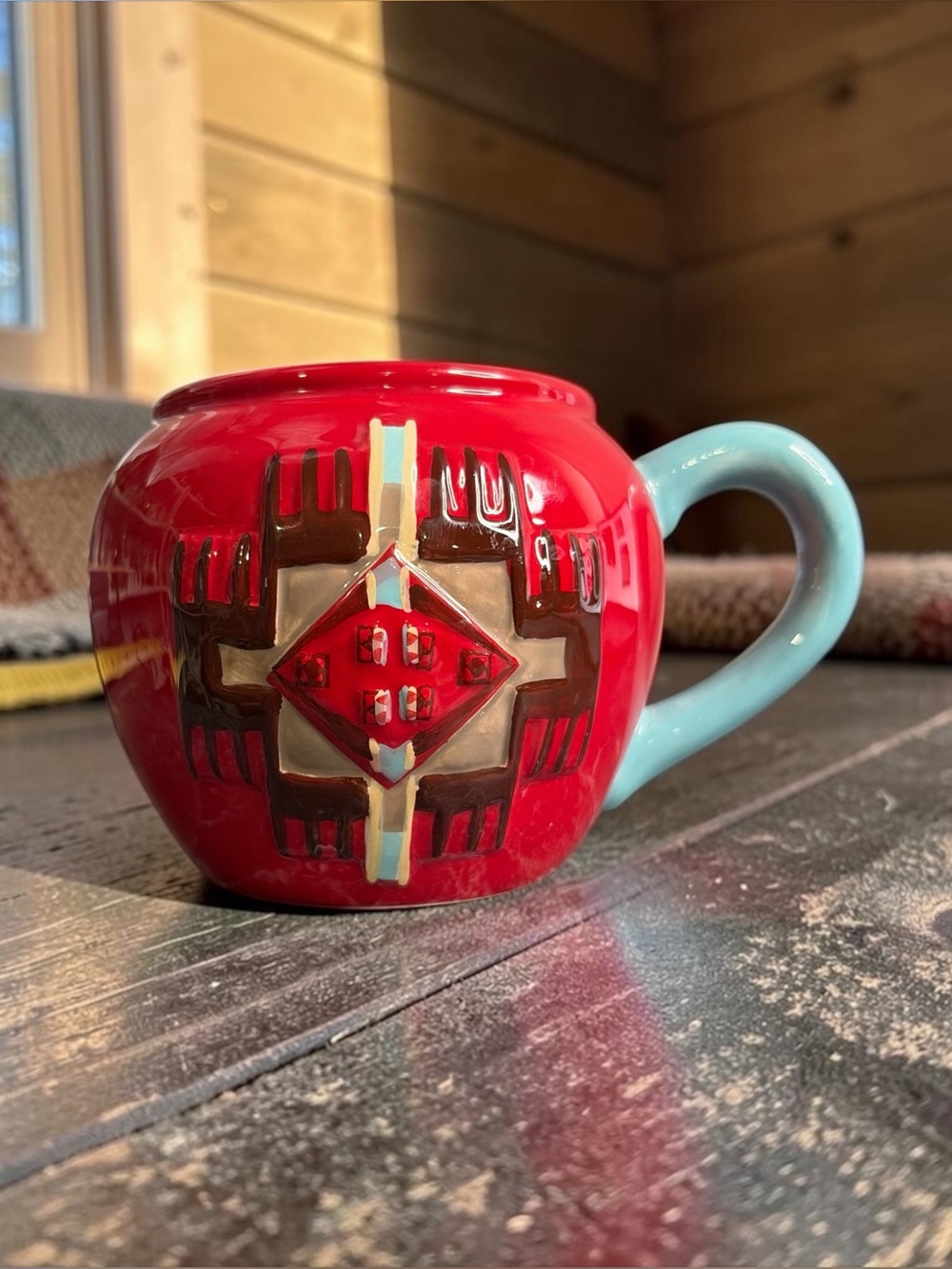 RED SOUTHWESTERN PENDLETON  COFFEE MUG WITH TURQUOISE HANDLE